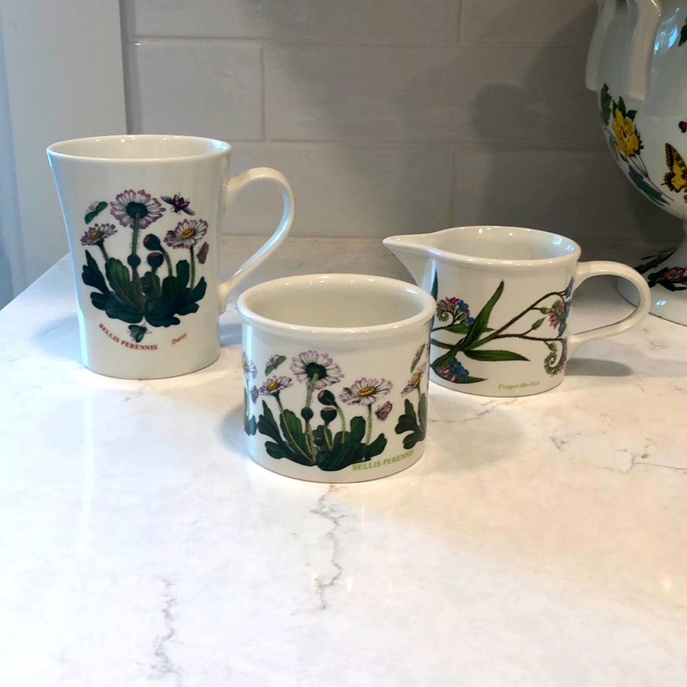 Portmeirion Botanic Garden coffee mug, creamer and sugar jar.